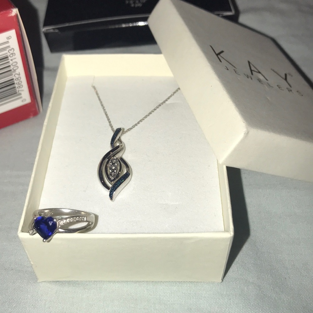 Kay blue necklace, and ring.